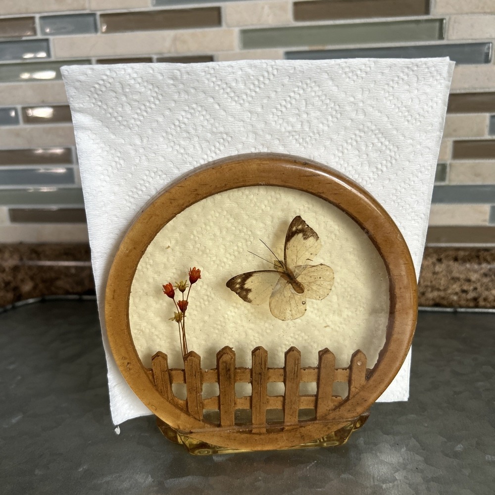 Gamut Designs Vtg Lucite Kitchen Napkin Holder Flowers Fence Butterfly Granny
